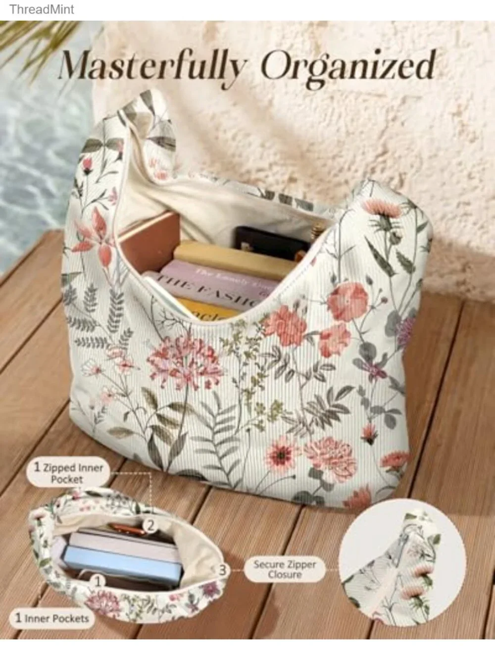 Large Corduroy Hobo Bag for Women Adjustable Zipper Tote Handbag
